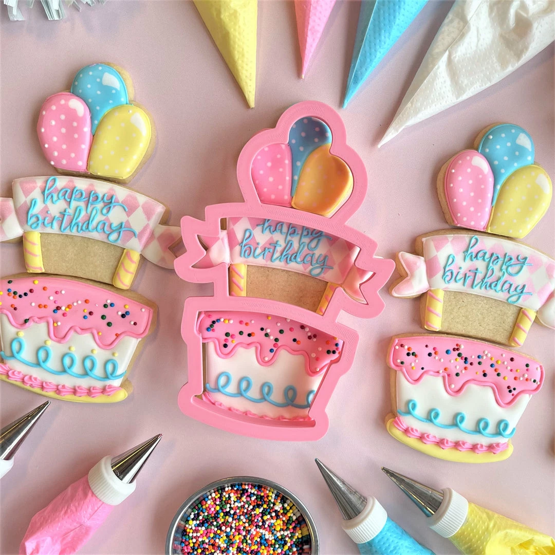 Flour Box Bakery Cake And Balloons 3-in-1 Multi-Cookie Cutter Cutters 4 Flour Box Bakery Cake And Balloons 3-in-1 Multi-Cookie Cutter Cutters