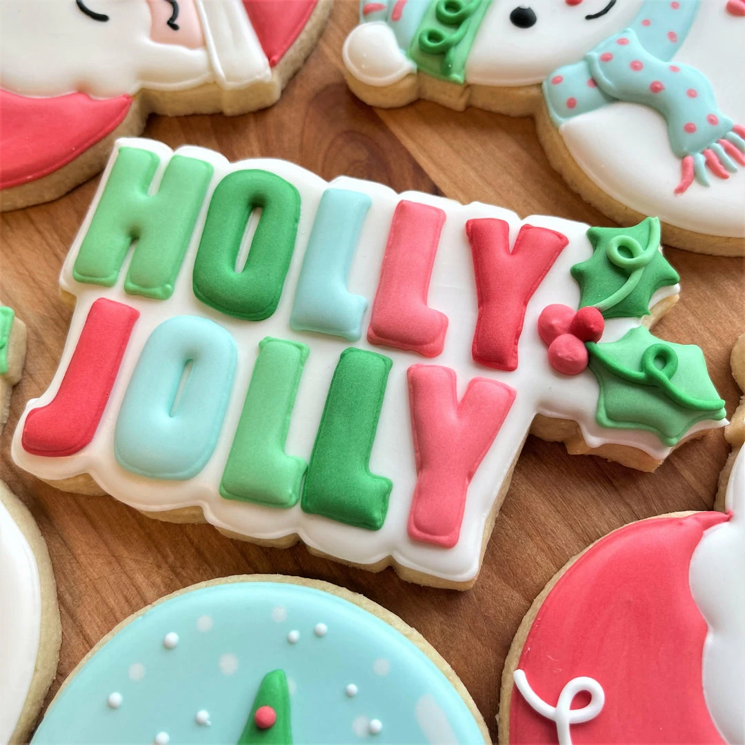 Flour Box Bakery Holly Jolly Plaque Cookie Cutter With Stencil SET Cutters 7 Flour Box Bakery Holly Jolly Plaque Cookie Cutter With Stencil SET Cutters