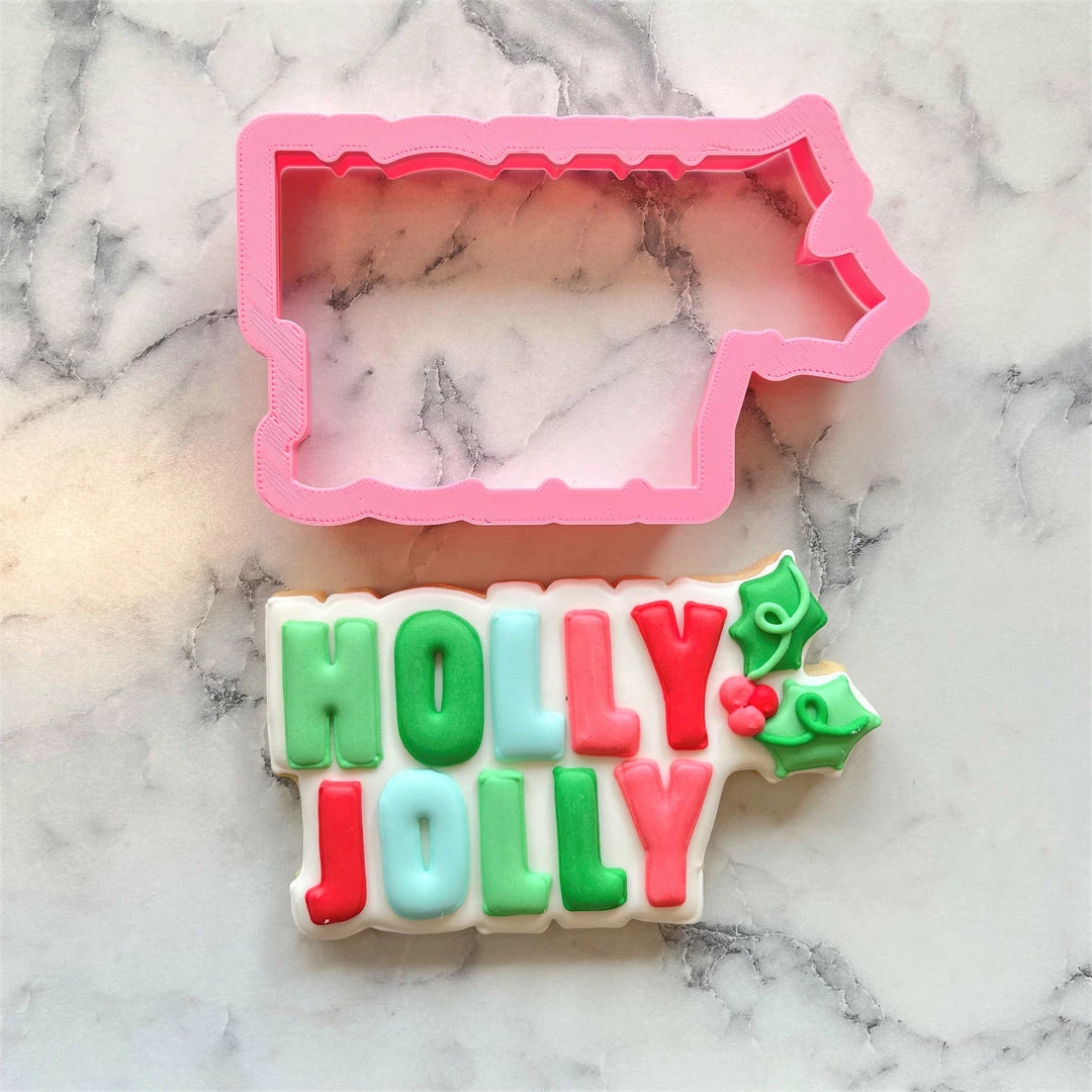 Flour Box Bakery Holly Jolly Plaque Cookie Cutter With Stencil SET Cutters 4 Flour Box Bakery Holly Jolly Plaque Cookie Cutter With Stencil SET Cutters